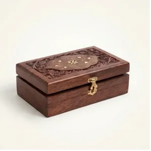 Boîte à bijoux rectangulaire en bois d'acacia avec motif oriental sculpté, à un seul niveau, multifonctionnelle, gain de place, pour la chambre à coucher - Product Image 4