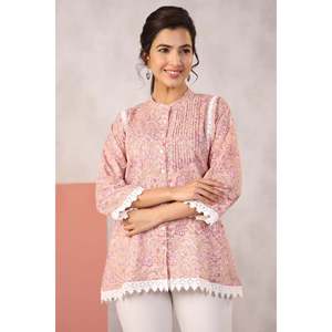 Kurta Corta Beige con Estampado a Mano para Mujer - Product Image 5