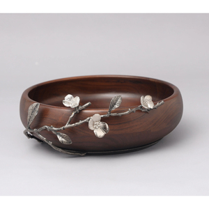 Cuenco redondo moderno de madera con acento de hoja plateada, ensaladera, centro de mesa precioso, mesa de comedor y uso en la cocina, novedad - Product Image 1