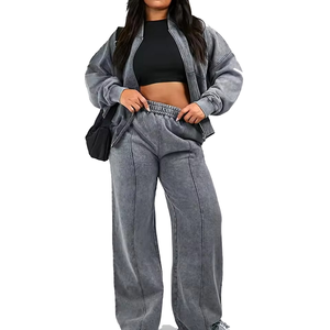 Ensemble de survêtement gris grande taille pour femme, coupe décontractée, sweat-shirt et pantalon à fermeture éclair intégrale, couleur unie, respirant, 100% coton - Product Image 2