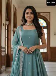 Vêtements ethniques indiens Fandy Satin matériel prêt à porter Anarkali robes avec broderie séquence Zari mariage Festival porter des robes - Product Image 3