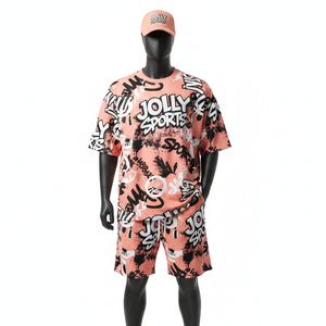 ชุดเสื้อยืดและกางเกงขาสั้นผู้ชาย ผ้าโพลีเอสเตอร์ 180 GSM น้ำหนักเบา พิมพ์ลายแบบซับลิเมชั่น รับสกรีนโลโก้ ชุดออกกำลังกายผู้ชาย - Product Image 1