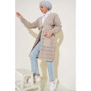 Beige Knitwear <b>Cardigan</b> <b>with</b> Zigzag Patterned Holes Buttons Long Casual Plus Size Acrylic <b>Cardigan</b> for Spring Summer & Winter - Product Image 1