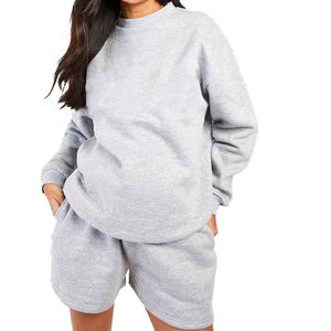 ชุดออกกำลังกายสบายๆ แบบ 2 ชิ้น เสื้อฮู้ดและกางเกงขาสั้นผ้าฟลีซเนื้อผ้าฝ้าย 100% แบบ unisex สีพื้น สินค้ามาใหม่ แฟชั่นลำลอง - Product Image 1