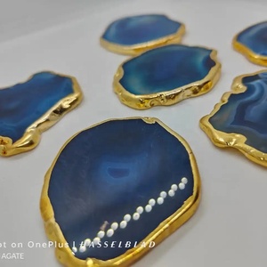 Rais <b>Agate</b> Natural Blue <b>Agate</b> <b>Coaster</b> Polished Gemstone Slice Gold Edge Durable Drink Table Decor Housewarming Gift - Product Image 3