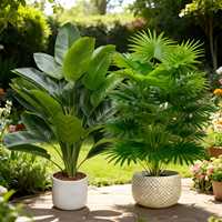 Ensemble de 2 plantes artificielles tropicales, feuilles de bananier et palmier éventail, grandes plantes d'intérieur, sans pot, décoration intérieure et extérieure