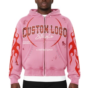 Sudadera con capucha de hombre de gran tamaño y corte corto, con cremallera, de peso pesado, con pedrería personalizada, efecto desgastado y lavado ácido, de gran venta - Product Image 2