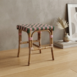 Handcrafted Rattan Pouf <b>Stool</b> Woven Brown Synthetic Strap Seat Bistro Ottoman <b>Vanity</b> Chair Indoor Outdoor Modern Portable - Product Image 2