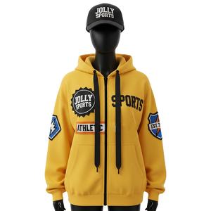 Sweat à capuche zippé pour femme en coton et polyester polaire, couleur jaune, avec patchs brodés et impression de logo personnalisé, sweat à capuche zippé basique - Product Image 1