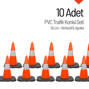 ชุดกรวยจราจร PVC 10 ชิ้น ขนาด 50 ซม. สะท้อนแสง พร้อมน้ำหนักถ่วง อุปกรณ์จัดการจราจรที่จำเป็น - Product Image 1