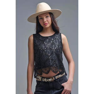 Top Corto Chic con Lentejuelas Negras, Talla XS, Tejido de Punto Transpirable, Estilo Camiseta sin Mangas, Diseño Casual y Sexy con Estampado Veraniego - Product Image 1