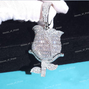 Pendentif Fleur de Rose Iced Out en Argent, Style Hip Hop Bling, Charme Moissanite Diamant, Bijou Tendance pour Hommes et Femmes - Product Image 3