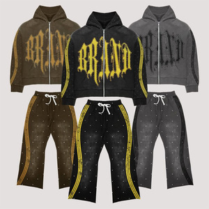 Sudadera con capucha lavada con ácido personalizada para hombre, conjunto de pantalones de chándal con diamantes de imitación, Sudadera con capucha estampada de invierno sólida al por mayor en línea - Product Image 5