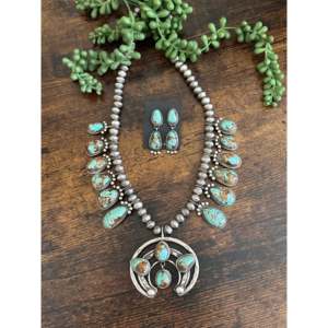 Navajo Handmade Sterling Silver Squash Blossom Necklace <b>Set</b> with Turquoise & Rhinestone Accents - Product Image 2