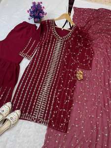 Tenue de soirée marron pakistanaise Salwar Kameez avec Dupatta pour femme, costume Sharara, top-palazzo, costume ethnique indien - Product Image 4