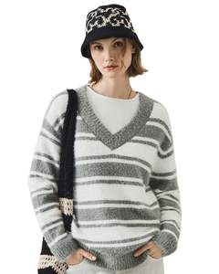 Customized Grey <b>White</b> Striped <b>Women</b> V Neck Knit Sweater Soft Fuzzy Fabric Long Sleeve Winter Casual Pullover Fashion Top - Product Image 1
