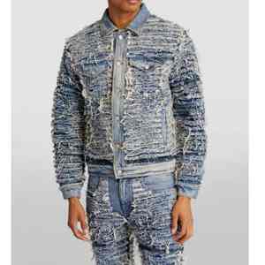 Chaquetas y abrigos de mezclilla informales Vintage para hombre, raspado completo de invierno con cierre de botón, estilo de bordes crudos ligeros lavados, 2017 - Product Image 6