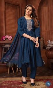 Lo último en ropa festiva de seda romana Kurti bordado trabajo Naira corte secuencia trabajo Dupatta incluyendo pantalón-ropa paquistaní India - Product Image 5