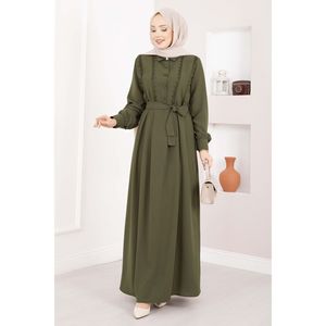 Vestido Hijab Color Caqui con Detalles de Encaje y Cintura Natural - Product Image 3