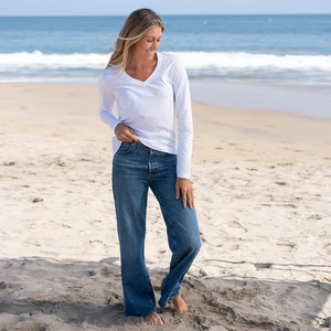 Women <b>White</b> <b>Long</b> <b>Sleeve</b> V Neck T <b>Shirt</b> 100% Luxury Organic Cotton Pre Shrunk GOTS Certified Premium Soft Classic Fit Tee - Product Image 3