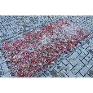 Turkish Rug 3.5x6.8 ft, <b>Red</b> Blue Ombr <b>Wool</b> Vintage Rug - Product Image 2