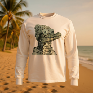 T-shirt a maniche lunghe con coccodrillo e occhiali da sole, stile retrò vintage, cool e rilassato - Product Image 3