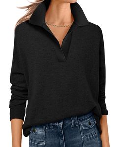 Women <b>Black</b> Collared V Neck Knit Sweater <b>Long</b> Sleeve Loose Fit Soft Winter Pullover Casual Elegant Daily Wear Top For Women Trnd - Product Image 1