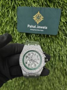 <b>Mens</b> Luxury Analog Glass Crystal <b>Stainless</b> <b>Steel</b> Green Rubber Band Watch Round Dial for Elegant Everyday Style - Product Image 5