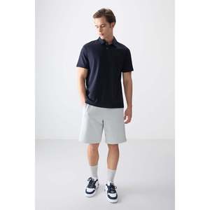 T-shirt basique pour homme en coton bleu marine, col polo, coupe ample, épais et doux, texturé - 88381 - Bleu marine - Product Image 3