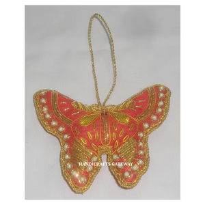 Home Decoration and Gifted Purpose Luxury Design Red With <b>Butterfly</b> Shape Golden Zari Embroidery Christmas Tree Ornaments - Product Image 1