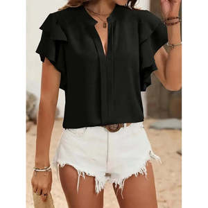 Blusa de Manga Corta con Cuello en V y Mangas con Volantes para Mujer, Modelo Dubai 35436 - Negra - Product Image 2