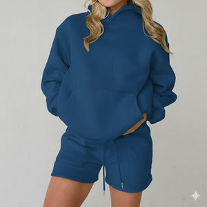 Venta al por mayor de las mujeres Sweatsuit Chándal Conjunto de dos piezas en blanco Deportes Jogger Fleece No Strings Ladies Hoodie 2 piezas Shorts Set - Product Image 6