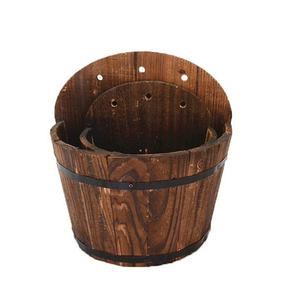 Vase à fleurs en bois simple bassin floral de jardin en bois jardinière extérieure pot de fleur forme ronde et poignée en métal - Product Image 4
