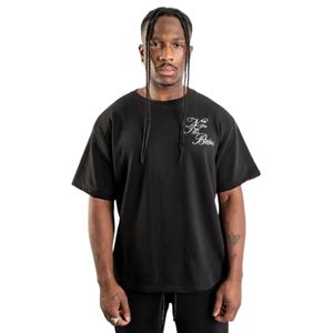 เสื้อยืดโอเวอร์ไซส์สีดำสำหรับผู้ชาย ผ้าฝ้ายออร์แกนิค 280GSM ทรงหลวมแบบดรอปโชลเดอร์ สไตล์สตรีทแวร์ พร้อมโลโก้ติดอกแบบเฉพาะตัว - Product Image 1