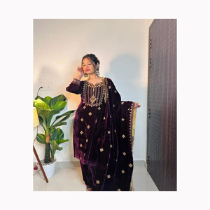 Indian and Pakistani Style <b>Women</b> Embroidered <b>Kurta</b> and Pant Set with Dupatta Product for Sale - Product Image 3