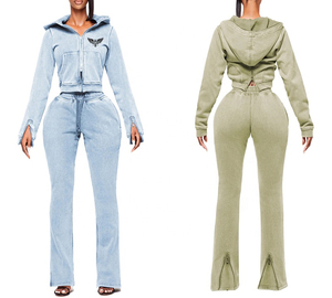 KY Acid Wash 100% Polyester Breathable Eco-Friendly High Quality Exclusive Zip Crop <b>Hoodie</b> Ladies Tracksuit 2 Piece Set - Product Image 1