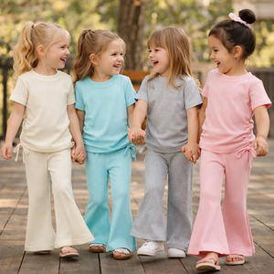 Set Estivo per Bambine 1-10 Anni, Top con Coulisse e <span class=keywords><strong>Pantaloni</strong></span> a Zampa in Tinta Unita, 2 Pezzi, Abbigliamento Boutique alla Moda per Bambini - Product Image 1