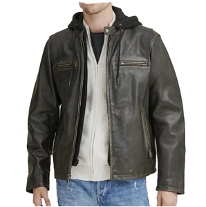 Wholesale Custom Men <b>Vintage</b> Distressed Leather Jacket Removable Fleece <b>Stand</b> Collar Front Logo Motorcycle <b>Coat</b> - Product Image 1