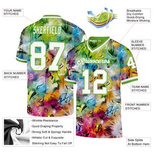 เสื้อฟุตบอลลายกราฟฟิตีระบายอากาศได้ดีเสื้อเจอร์ซีย์สีขาวนีออนสีเขียว3D ผ้าตาข่ายแห้งเร็วขายส่งอเมริกันฟุตบอล - Product Image 4