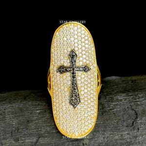 14K oro sólido Pave Set diamante natural único diseñador Cruz anillo. - Product Image 2
