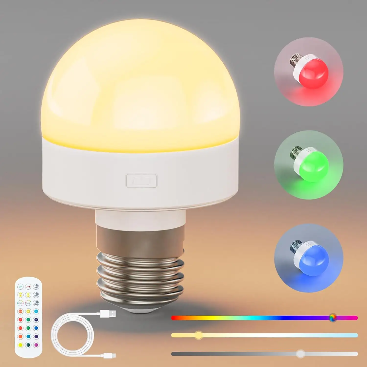 Lampu isi ulang E27, bohlam lampu LED berpengendali jarak jauh, baterai isi ulang daya USB, lampu LED bisa diredupkan untuk rumah