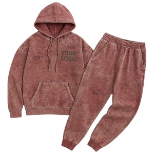 Sun-Faded Distressed Streetwear Conjunto de chándal sólido Sudadera con capucha + Joggers A prueba de viento Transpirable Logotipo personalizado Diseño de invierno Unisex - Product Image 1