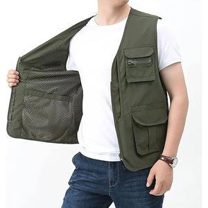 Gilet Cargo utilitaire sans manches à col en V pour hommes, fabriqué en usine, vert olive, avec plusieurs poches et poches intérieures - Product Image 3
