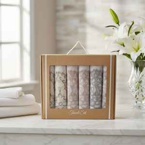 Lot de 6 serviettes de toilette en coton turc 100% en boîte, 50x70cm, dentelle brodée Paris, 390 GSM, luxe, pour hôtel et usage domestique, salle de bain - Product Image 1