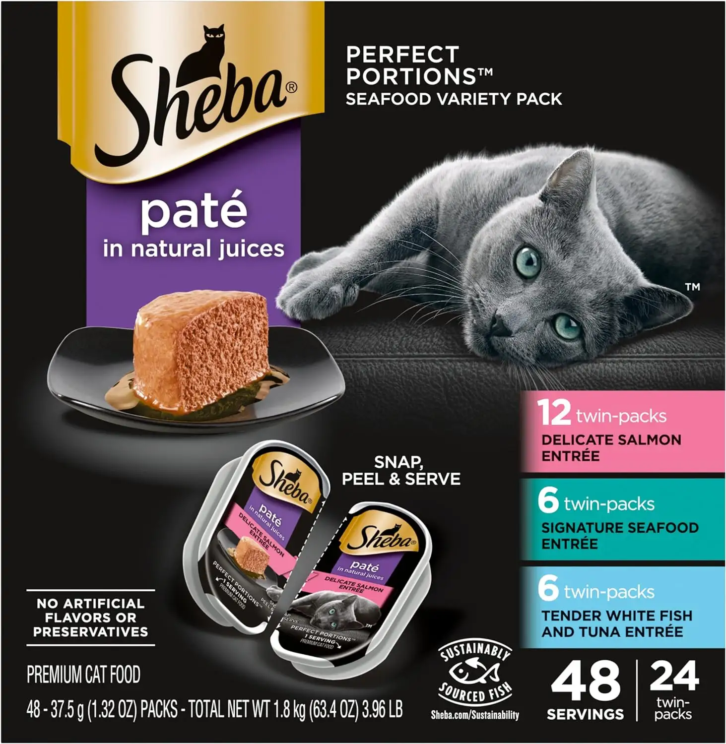 Bandejas de comida de gato molhada para Pat eAdulto SHEBA PORÇÕES PERFEITAS 24 Contagem 48 porções