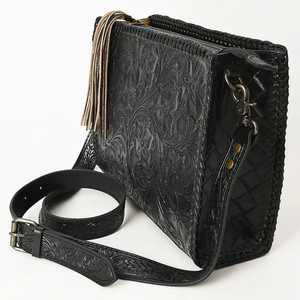 Bolso Bandolera Vaquero de Cuero Genuino Negro de Primera Calidad, Estilo Bohemio Otoñal Occidental, con Flores y Borlas - Rodeo - Product Image 3