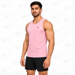 Camiseta sin mangas rosa para hombre, cuello redondo, deportiva, de secado rápido, poliéster, para entrenamiento, gimnasio, con logo impreso en la parte delantera. - Product Image 2