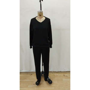 Conjunto de Dos Piezas para Mujer, Blusa de Manga Larga con Cuello en V de Viscosa de Dos Hilos y Pantalones, 37566 - Negro - Product Image 5