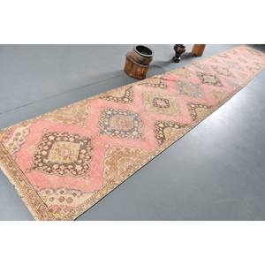 Traditional <b>Pink</b> Beige Large Area Rug 3.3 X 22.4ft Turkish Style Patchwork Rectangle Hallway Design <b>Wool</b> Viscose Latex for Teens - Product Image 2