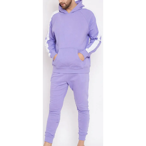 Chándal Premium para Hombre |   Conjunto a Rayas Blanco y Morado Lavanda |   Conjunto Deportivo Urbano de Dos Piezas con Capucha para Entrenamiento - Product Image 1